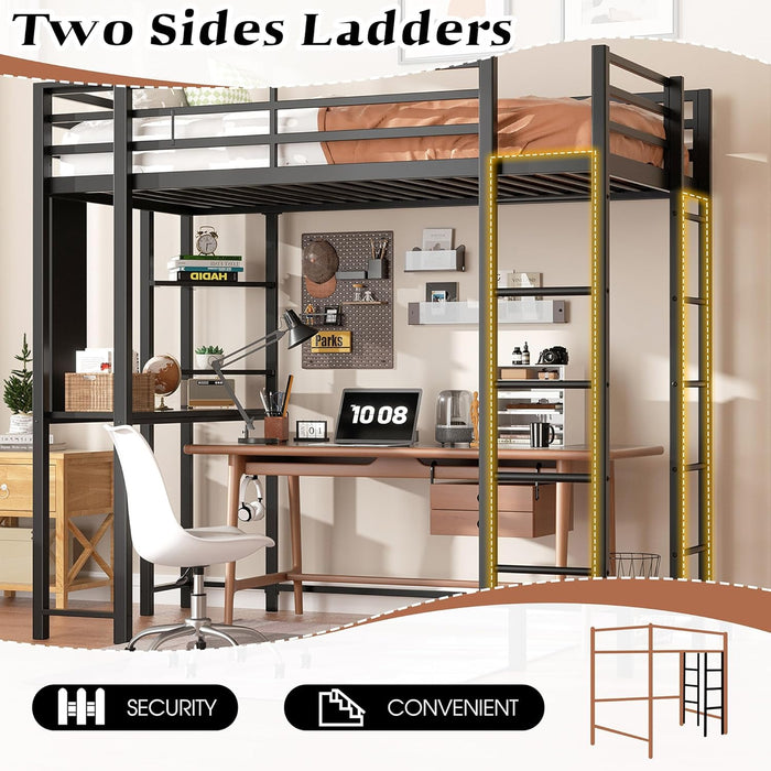Loft Bed Full Size with Desk and Storage Shelves, Frame with 2 Side Ladders for Kids, Teens Adults, Spcace-Saving Noise-Free and Anti-Tilt Design, Black
