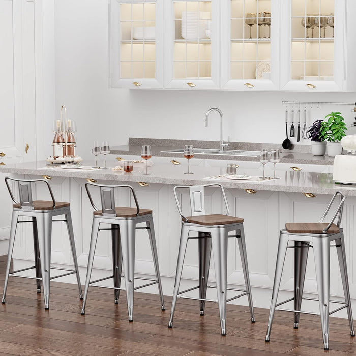 24 Inch Swivel Bar Stools Set of 4 with Backs Counter Height Industrial Barstools for Kitchen Island (Swivel 24 Inch, Silver Wooden)