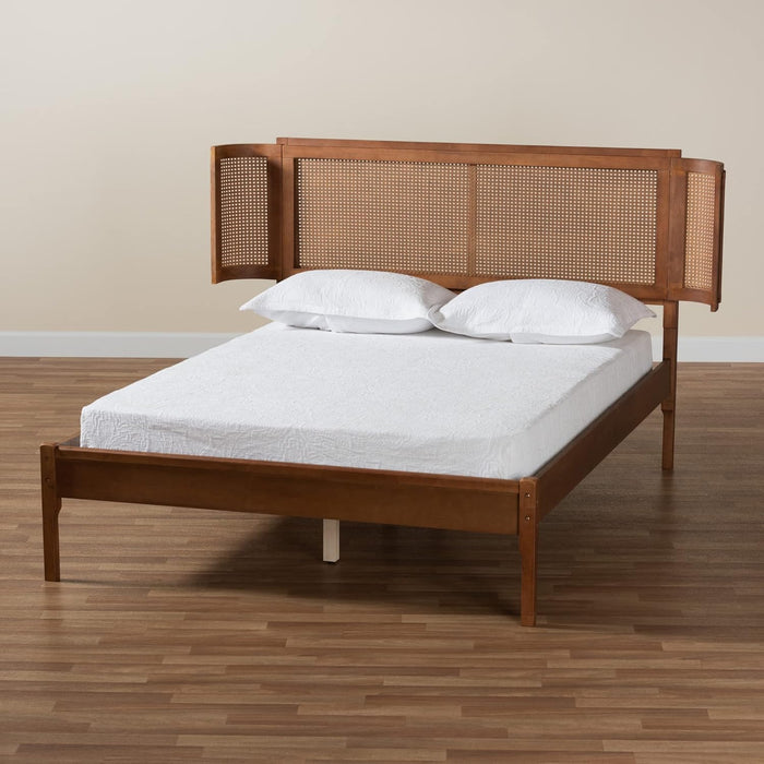 Eridian Walnut Brown Finished Wood and Natural Rattan Full Size Platform Bed