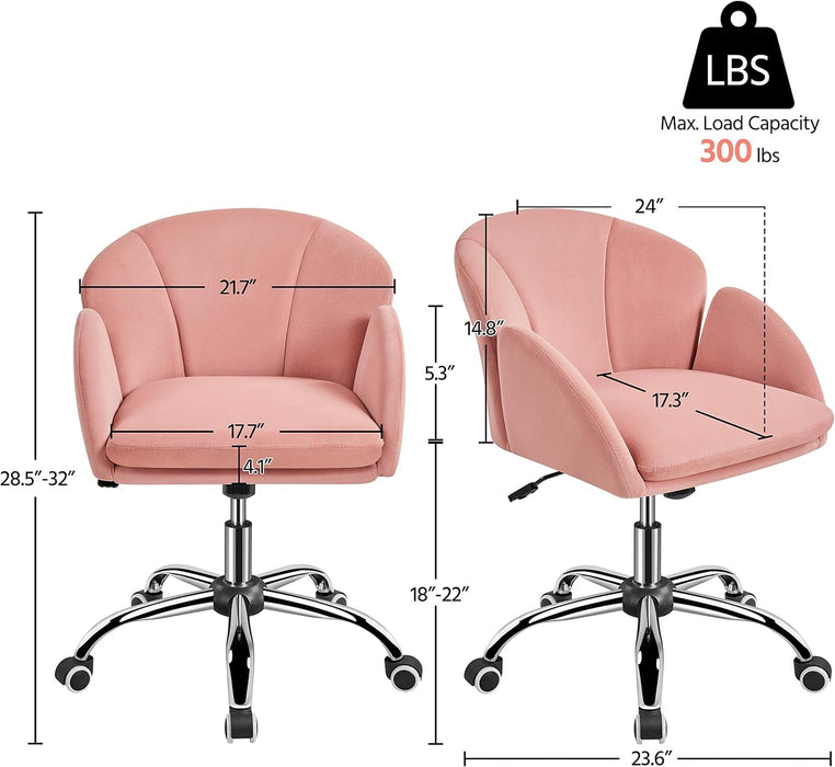 Pink Desk Chair Cute Velvet Chair for Home Office, Vanity Chair with Wheels Armrests Modern Swivel Rolling Chair for Bedroom