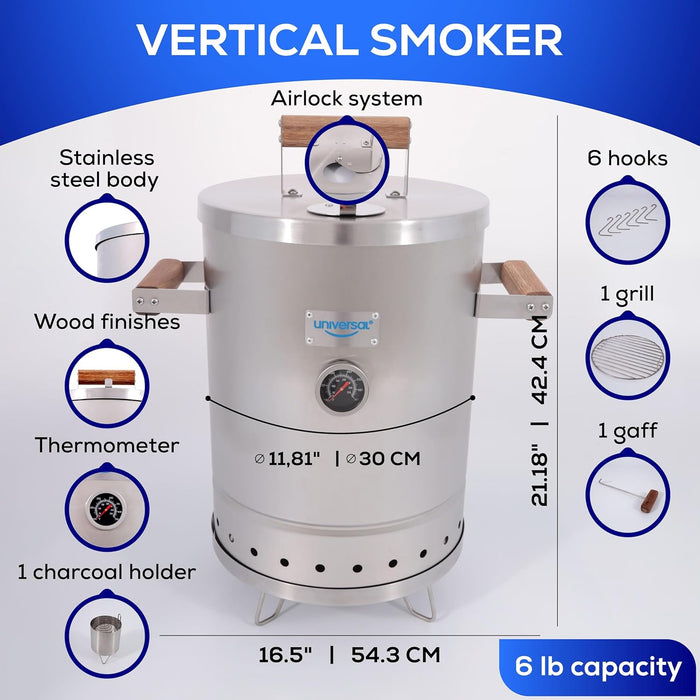 Portable Charcoal Smoker (6 Lb) Capacity, Stainless Steel Barrel Smoker Grill Combo, Vertical BBQ Smoker with Thermometer & Airflow Control, for Camping, Backyard, Tailgating