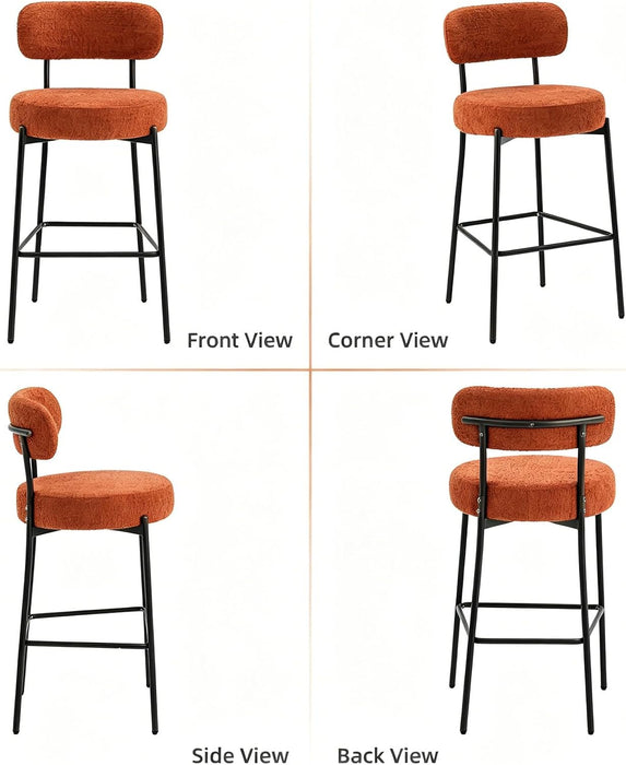 Bar Stools, 30 Inch Tall Bar Stools Set of 3, Boucle Upholstered Counter Height Bar Stools, Modern Bar Chairs Metal Frame with Back and Footrest for Kitchen Island,Orange Barstools