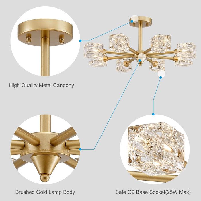 Goldtone Eight Light Sputnik Flush Mount Chandelier