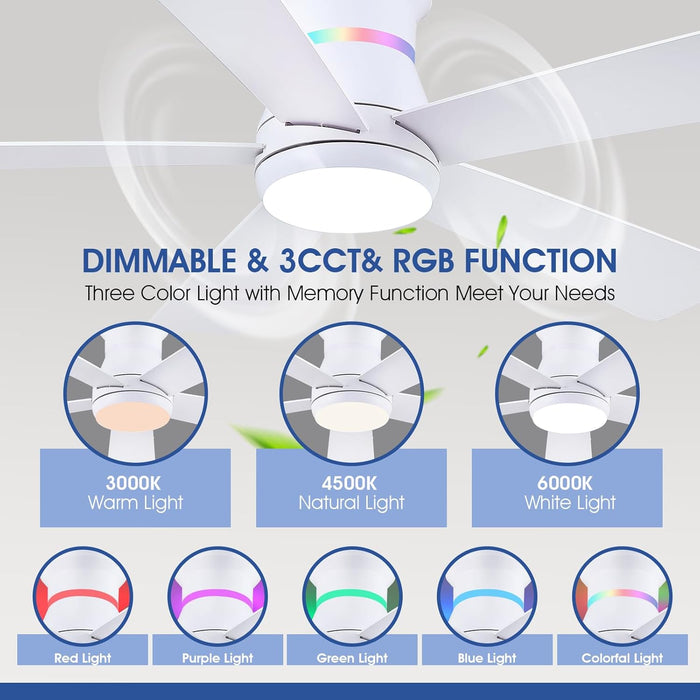 46" White Ceiling Fans with RGB Lights - Flush Mount Ceiling Fan Light with LED 3CCT Dimmable, Modern Low Profile Ceiling Fans for Indoor Party,Covered Outdoor