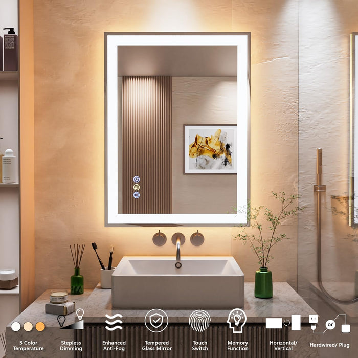 24"X 32" LED Mirror for Bathroom, Front and Backlit Controlled Separately LED Wall Vanity Mirror, LED Vanity Mirror with Lights, Stepless Dimmable, anti Fog, Tempered Glass, Memory (UL ETL)