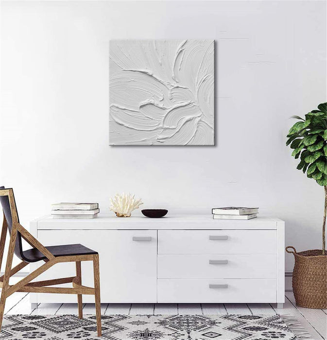 Hand Painted White Canvas Wall Art, 20X20 Inches Abstract Thick Textured Painting, Plaster Wall Art
