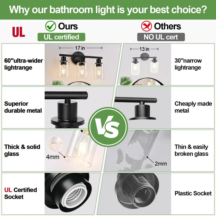 3-Light Bathroom Light Fixtures, 17.23" Black Modern Vanity Lights with Clear Glass Shade, Bathroom Wall Lamp for Mirror Kitchen Living Room Hallway Cabinet Porch
