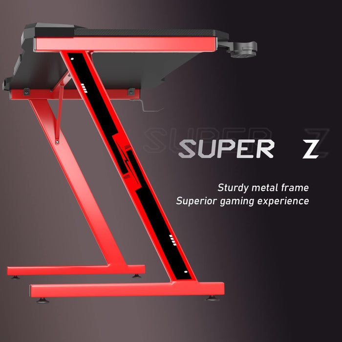 Gaming Computer Desk with Carbon Fiber Surface, Gaming Table Z Shaped Pc Home Office with Cup Holder&Headphone Hook(44 In, Red)