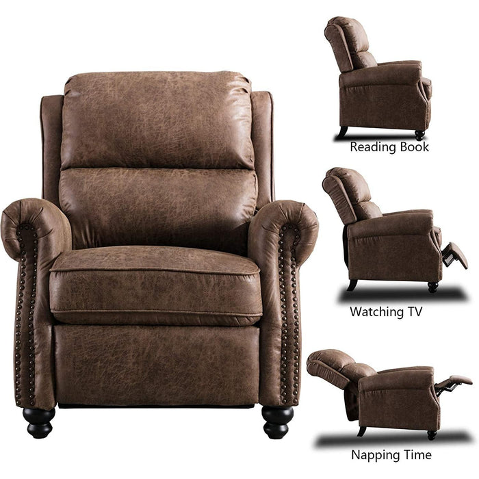 Pushback Recliner Chair, Leather, Rivet Decoration, Chocolate