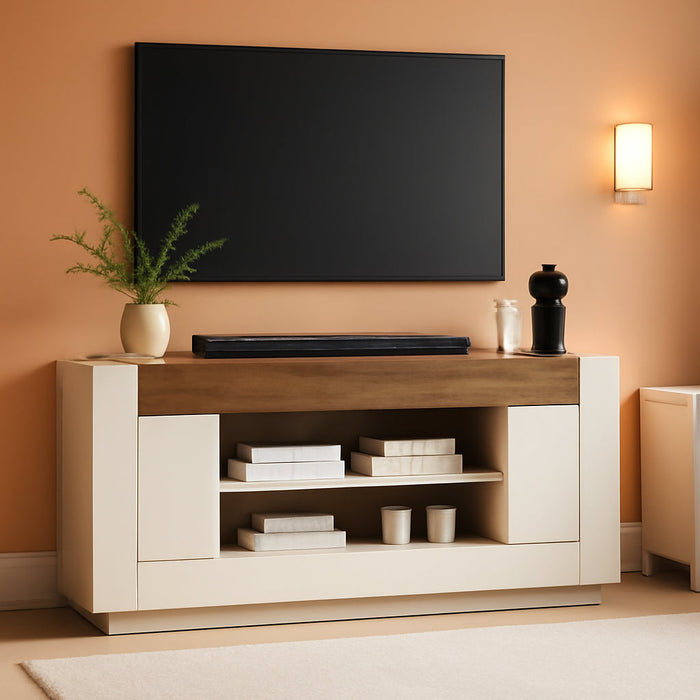 Modern 70" TV Stand, Entertainment Center for Tvs up to 80", Media Console with Large Open Storage & Side Cabinets, Thick Wood Design for Living Room, Antique White
