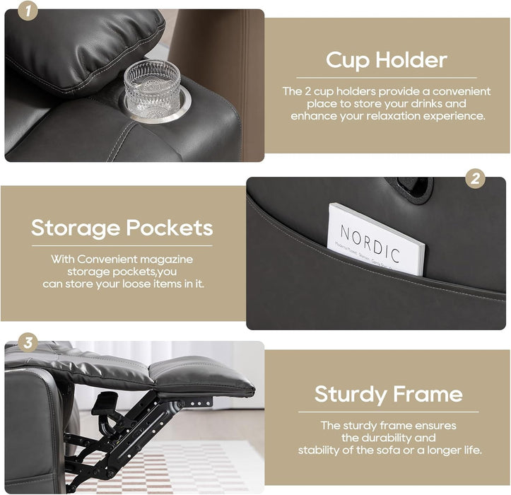 Manual Reclining Sofa - 3 Seat Recliner Sofa with Heat & Massage Function, Wall-Hugger Reclining Sofa for Living Room (Grey) | Cup Holder, Side Pocket