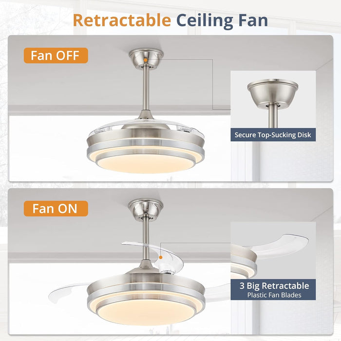 Retractable Ceiling Fans with Lights and Remote, 42 Inch Fandelier Ceiling Fans with LED Lighting, Smart Modern Ceiling Fan, Stepless Color Changeable, Dimmable, Timer Setting, Brush Nickel