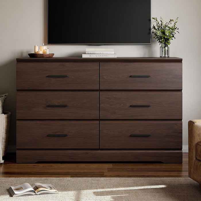 Brown 6 Drawer Dresser for Bedroom, Chest of Drawers with Silver Handle, Wood Storage Dresser with Deep Drawers for Bedroom, Living Room, Hallway Entryway (52.76 * 21.26 * 7.87 In)