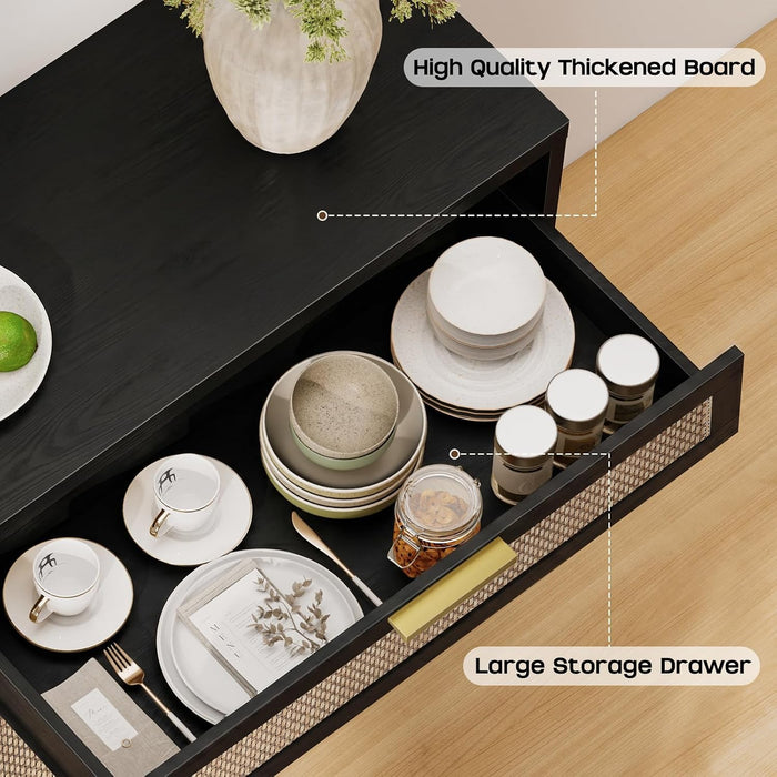 Rattan Buffet Cabinet with Storage, Sideboard Cabinet with Doors and Shelves, Accent Coffee Bar with Drawers, Farmhouse Kitchen Storage Cabinets, Credenza for Entryway, Living Room Black