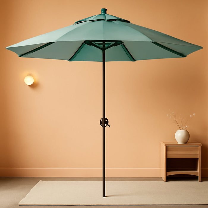 9' round Aluminum Market Umbrella, Crank Lift, Push Button Tilt, Black Pole, Sunbrella Spa