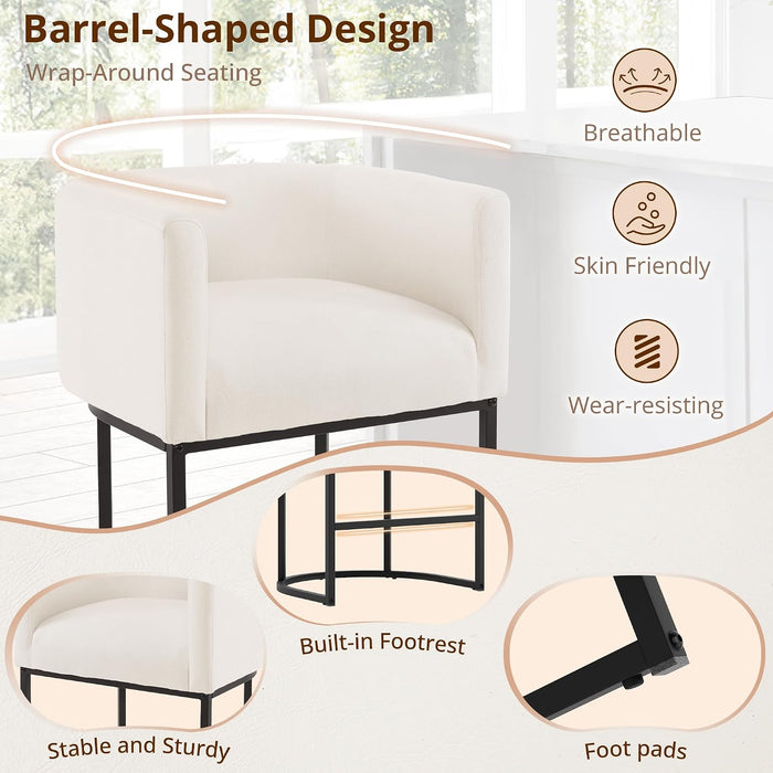 Counter Height Bar Stools Set of 3, Modern Barrel Counter Stools with Backrest and Arms, Black Metal Frames, Linen Fabric Upholstered Accent Barstools for Kitchen Island, Beige