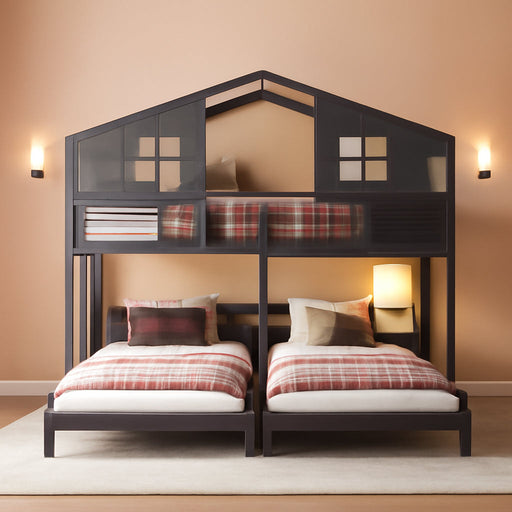 Black CommercialGrade Triple Bunk Bed HouseShaped LED