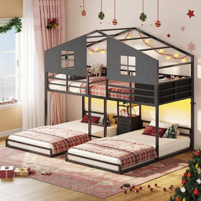 Black CommercialGrade Triple Bunk Bed HouseShaped LED