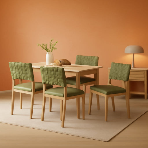 Sage Green Woven Wooden Dining Chairs Set of 4,Armless Mid Century Modern Desk Chairs with Rivet&Foot Pegs,Upholstered Farmhouse Comfy Chair No Wheels for Dining Room,Living Room,Oak,Suede