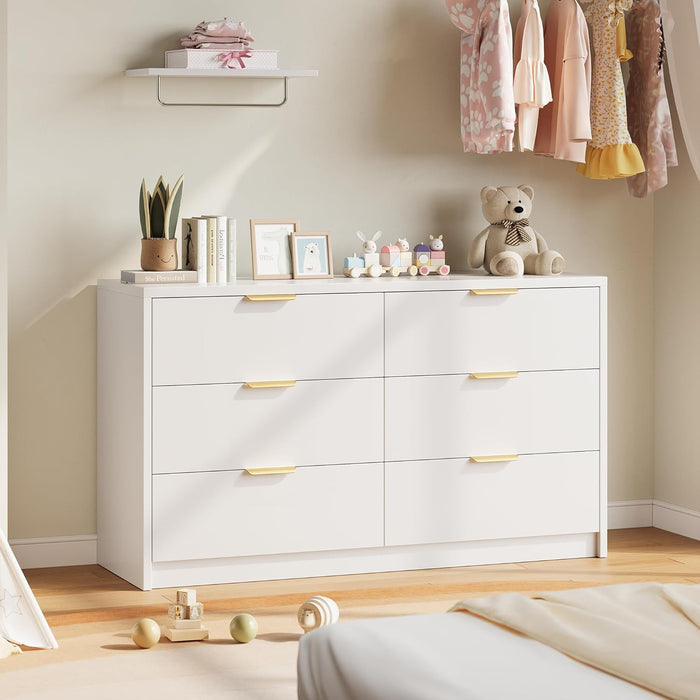 53" Wide 6 Drawer Dresser for Bedroom, Modern Simple Wood Dresser Chest of Drawers Closet Store Organizer for Living Room, Hallway (White, 15.4" D X 53.1" W X 30.9" H (6 Drawers))