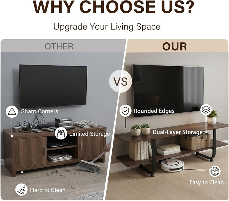 Walnut TV Stand for 65" TV, Mid Century Modern Entertainment Center with 2-Tier Open Shelves, Versatile Modern TV Console & Table for Living Room & Gaming