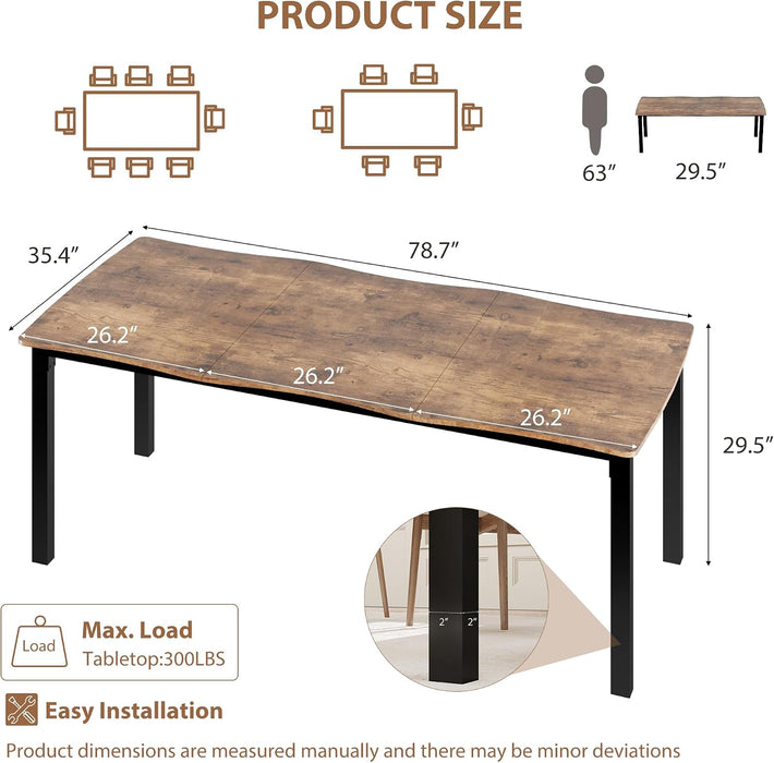 Dining Room Table for 6-8 People, 79”Dining Table, Brown | Kitchen Table with Iron Legs and Irregular Desktop, Quick Assembly, 300 Lbs Capacity, for Kitchen, Living Room(Only Table）
