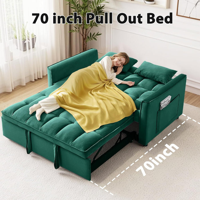 Sleeper Sofa Bed,55'' Convertible Pull Out Couch with Side Pockets,Velvet Fabric Loveseat Sleeper Sofa with Adjustable Backrest for Living Room,Bedroom,Apartment and Small Space, Green