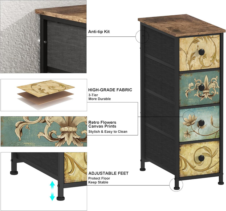 Narrow Storage Dresser Slim Dresser with Retro Flowers Fabric Drawers Vertical Skinny Cabinet for Small Spaces,Bathroom,Bedroom Closet Nightstand,Entryway Organizer (Retro Flower, 4 Drawers)