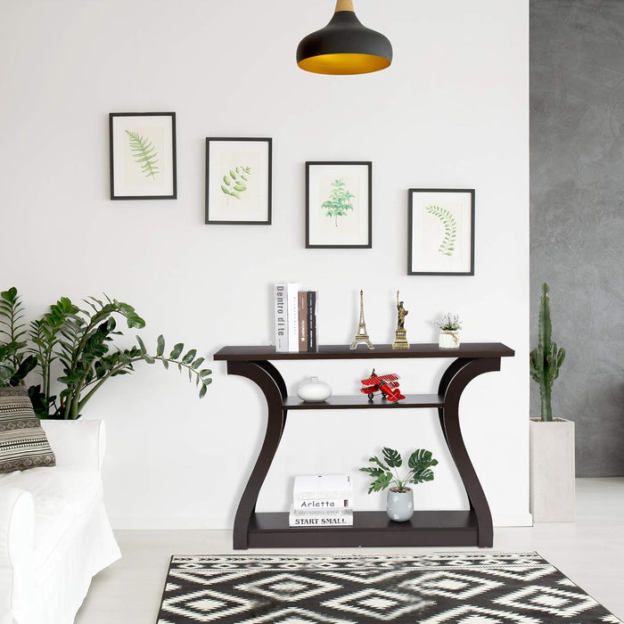 Wood Console Table with Curved Legs and Shelf, 3 Tier Modern Accent Sofa Table for Entryway, Living Room, Hallway, 47 in Wide, Easy Assembly (Cappuccino/Dark Brown)