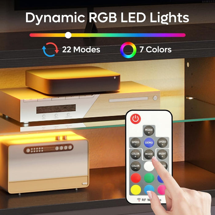 80 Inch Natural Rattan TV Stand with Storage for 85 Inch TV, 4-In-1 Mid Century Modern Entertainment Center with LED Lights, Doors and Adjustable Glass Shelves for Living Room, Natural