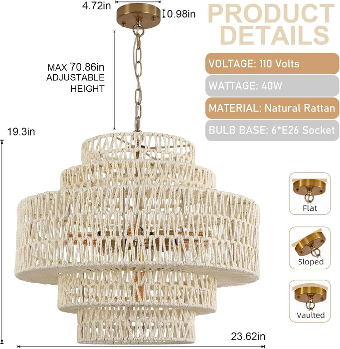 23.62In Large White Rattan Chandeliers Light Dining Room 6-Light