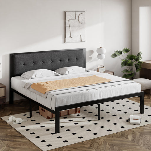 King Metal Platform Bed Frame with Fabric Button Tufted Headboard, 12.4" Under-Bed Storage, Metal Slats, Grey