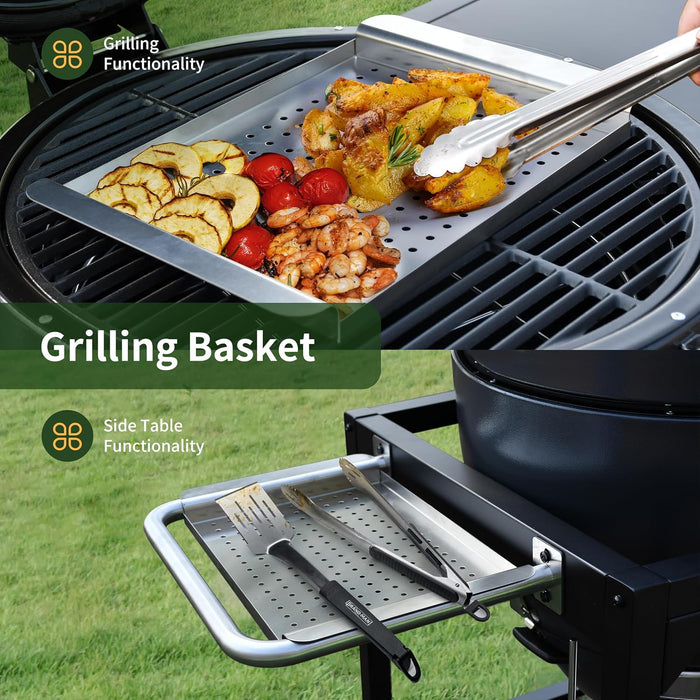 Brand-Man Charcoal Grill & Smoker Steel Kamado - 22" Cast Iron Grates, Grilling Basket, Large Prep Table Cart, Ideal for Outdoor Cooking