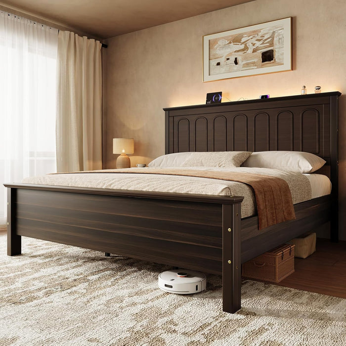 Queen Size Bed Frame with Tall Headboard, Mid Century Modern Wood Platform Bed with Charging Ports and LED Lights, Solid Wood Slat Support, No Box Spring Needed, Easy Assembly, Walnut Brown