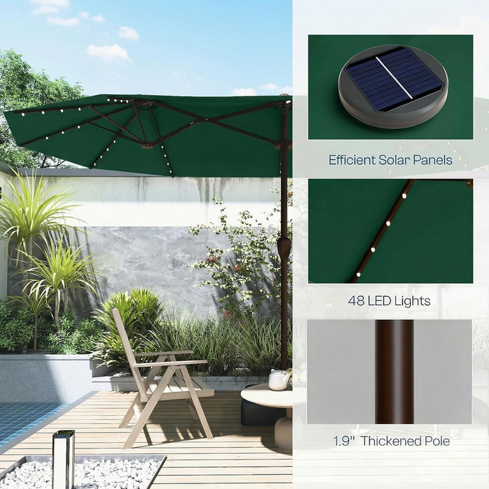 15Ft Large Patio Umbrella with Solar Lights and Base, Double-Sided Outdoor Rectangle Umbrella with 48 LED Lights, Market Table Umbrellas with UV Resistant Canopy