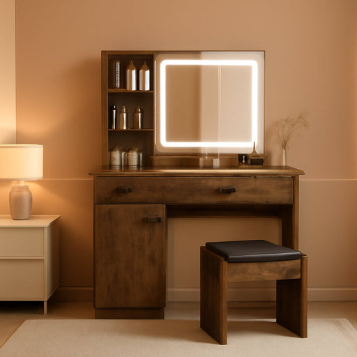 Makeup Vanity Desk with Mirror, Vanity Table with Power Outlet and Storage Chair, Modern Dressing Table with Drawers and Shelves for Bedroom, Brown