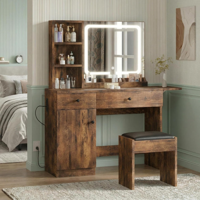 Makeup Vanity Desk with Mirror, Vanity Table with Power Outlet and Storage Chair, Modern Dressing Table with Drawers and Shelves for Bedroom, Brown