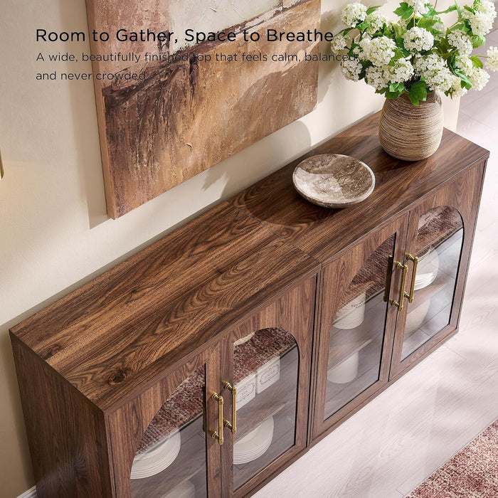 Glass Arched Door Sideboard Buffet Cabinet Set of 2, Brown | Modular, Multi-Compartment Storage, Adjustable Shelf, Soft Close Hinges, Freestanding, for Dining Room, Living Room
