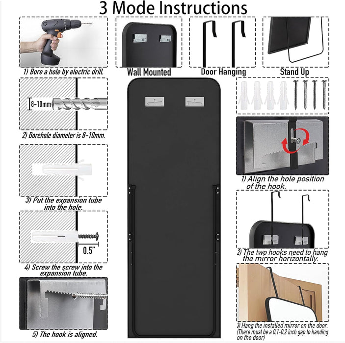 57X20 Door Hanging Full Length Mirror, Floor (Height 5.7Ft Just Body in 1.3Ft) or Wall Mounted Metal Frame Rectangle Dressing Mirrors for Bedroom Bathroom Living Room 57 Inch Black