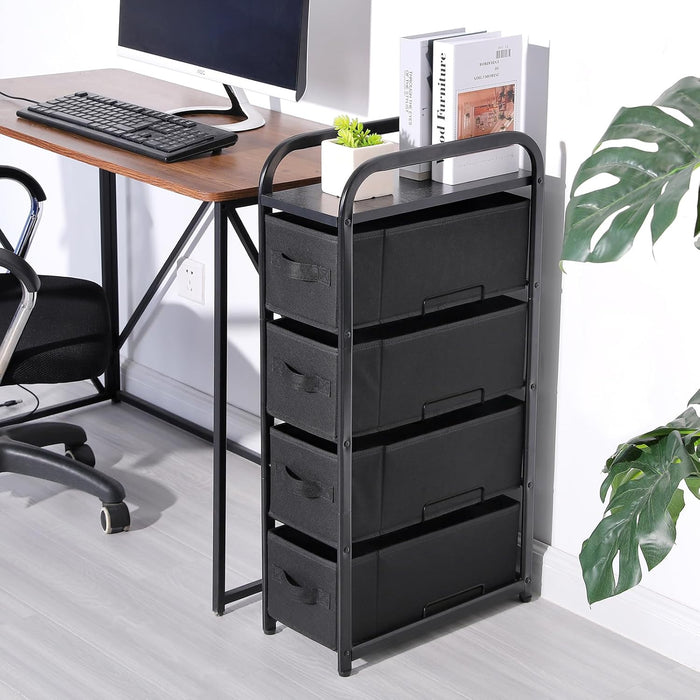 4 Drawer Narrow Dresser Fabric Storage Tower Vertical Slim Storage Chest Organizer Nightstand Side/End Table Small Standing Organizer Removable Drawers Wood Top for Bedroom, Bathroom（Black)