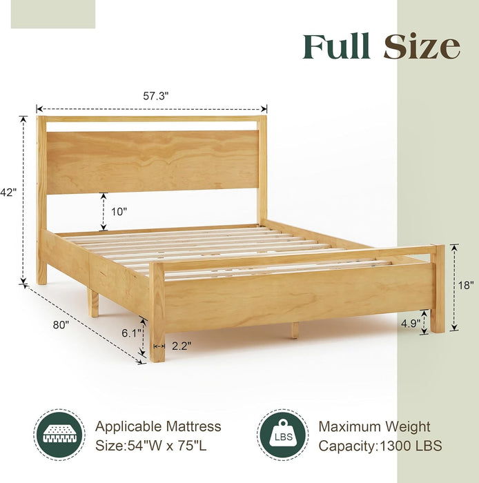 Full Size Solid Wood Bed Frame with Headboard, Minimalist Platform Bed with Wood Slats Support/No Box Spring Needed/Easy Assembly/Noise-Free, Natural