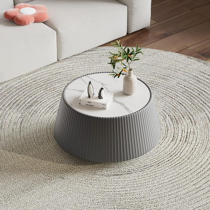 Grey round Coffee Table with Sintered Stone Tabletop, 26.77" Drum Coffee Table with Fluted PU Leather Covered and Stable Base, Circle Cocktail Tea Table for Living Room