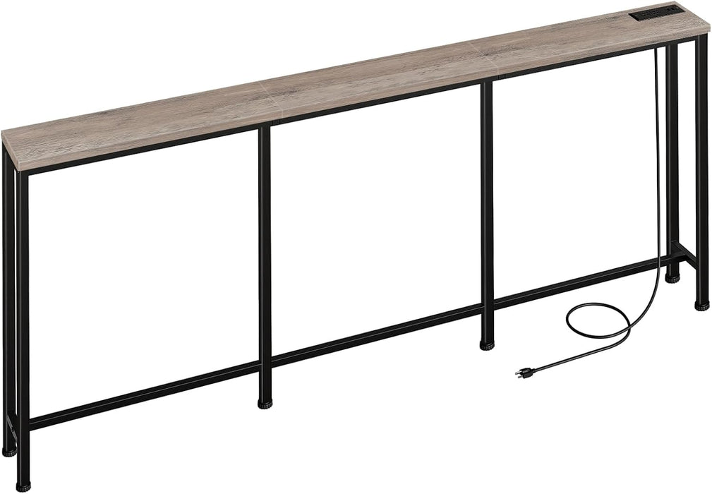 78.7" Narrow Console Table with Power Outlet 7.1" Skinny Sofa Table, Long behind Couch with Charging Station for Hallway, Living Room Greige and Black TXG20UBG