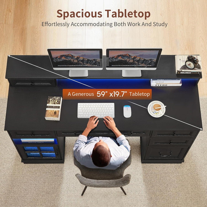 Farmhouse Executive Desk with Drawers Computer Desk with File Drawers, Power Outlet and Led Lights, Executive Office Desk with Storage Cabinet and Monitor Shelf for Home Office, Black
