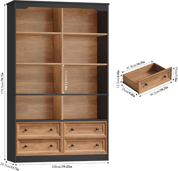71" Tall Bookshelf with 4 Drawers Large Bookshelf Office Bookcase | 6-Tier Double Wide Bookshelves and Bookcases with Storage, Tall Bookshelf Standing Book Cabinet for Home Office, Brown/Black