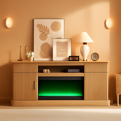 Fluted Fireplace TV Stand for Tvs up to 80 Inch, Modern Entertainment Center with 36" Electric Fireplace, Wood Media Console W/Drawers and Adjustable Shelves for Living Room, Natural