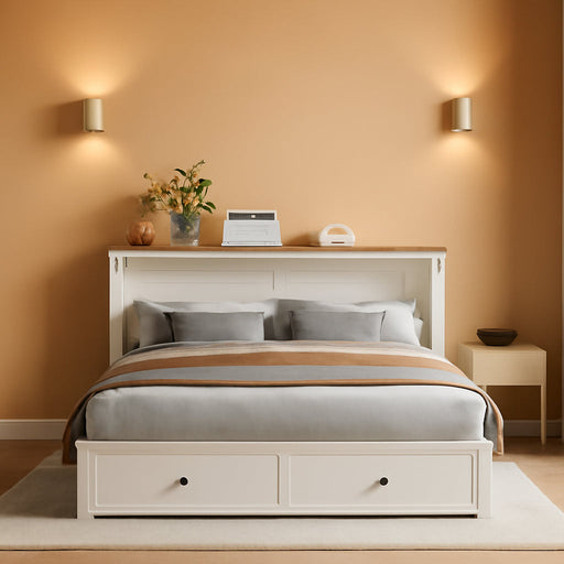 Queen Murphy Bed with USB Charging Station & 2 Storage Drawers, Hidden Folding Chest Cabinet Bed with Tri-Fold Mattress, Space Saving Wall Beds for Bedroom Guest Room Living Room-White