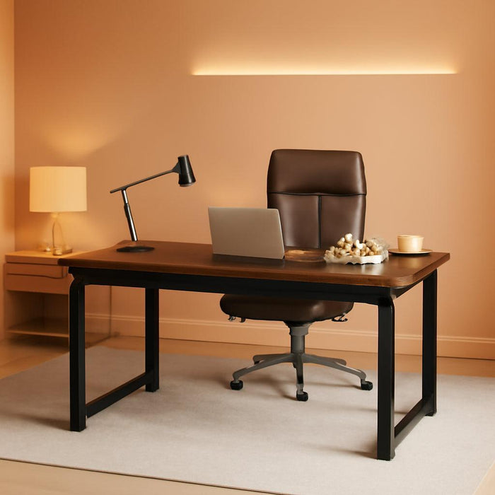 63 Inch Executive Desk TwoToneBrownBlack HeavyDuty Frame