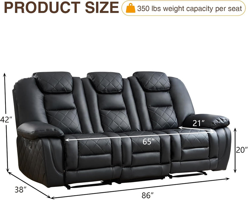 Faux Leather Power Reclining Sofa, Electric 3 Seat Recliner Sofa Chair with USB and Type-C Charging Ports, Overstuffed Armrest and Backrest, Couch Furniture for Living Room, Black