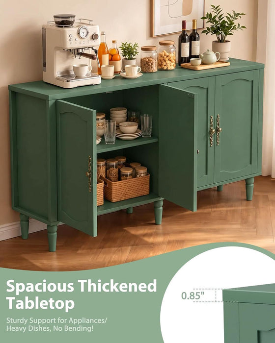 63" Sideboard Buffet Cabinet, Mid Century Modern Credenza Storage Cabinet with Carved Handle & Adjustable Shelves, Buffet Table Kitchen Coffee Bar for Living Room Dining Room - Green